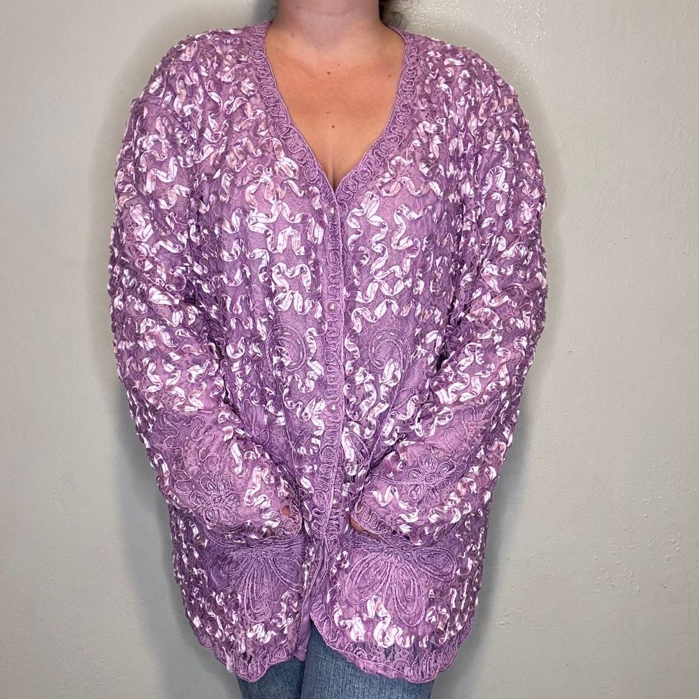Vintage Lavender Ellim USA Women's Jacket Embroidered Beaded Long Sleeve Lace